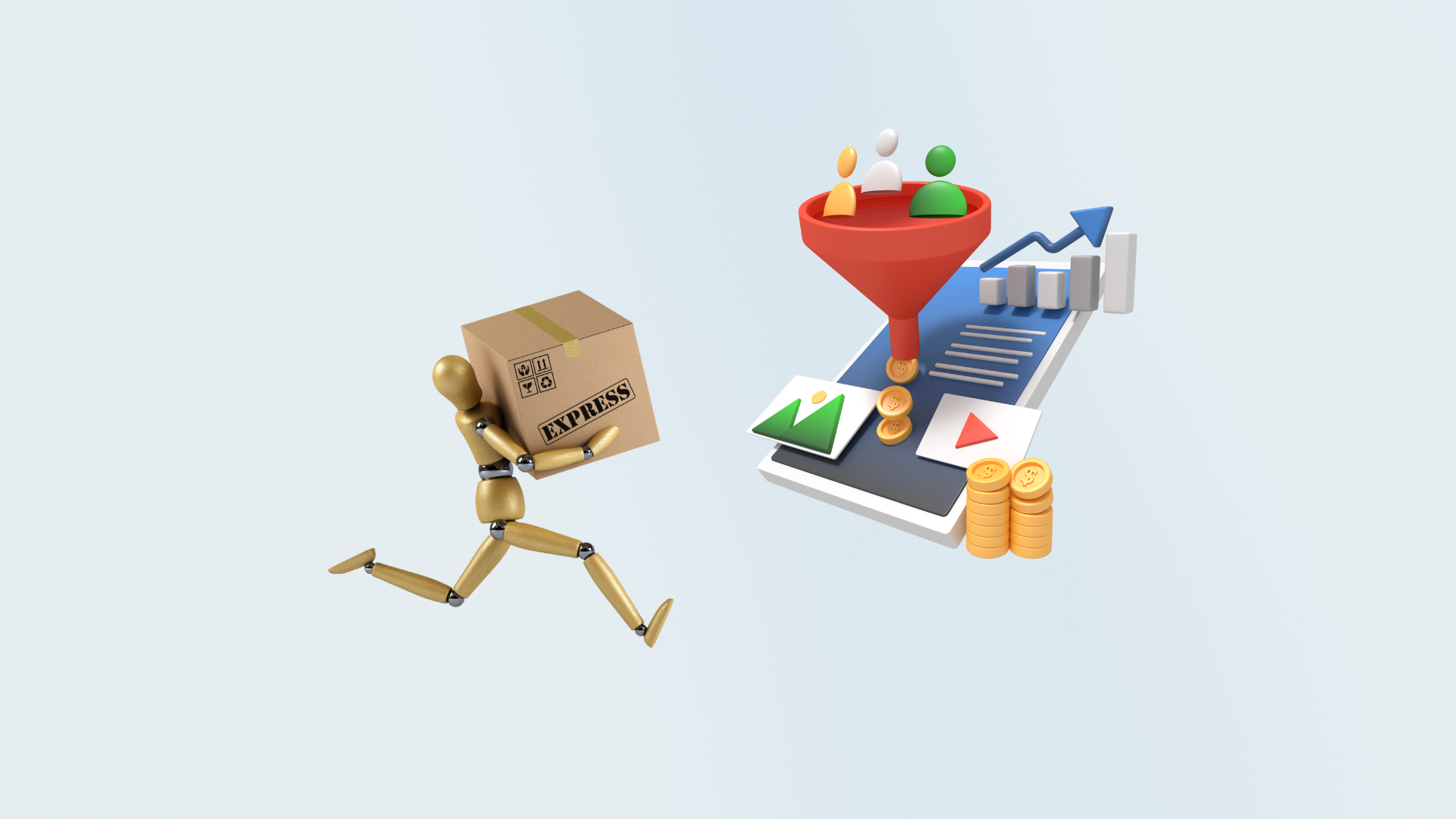 Wooden mannequin carrying an express delivery box toward a digital marketing funnel with coins and graphs